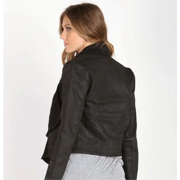 Free People Coated Denim Drape Front Moto Jacket Black Waterfall Collar XS 0 - Picture 6 of 14